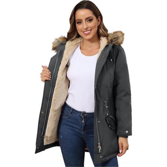 Womens Winter Coats Fleece Lined Parka Jacket Hooded Long Winter Warm Parka Coat - Picture 7 of 8